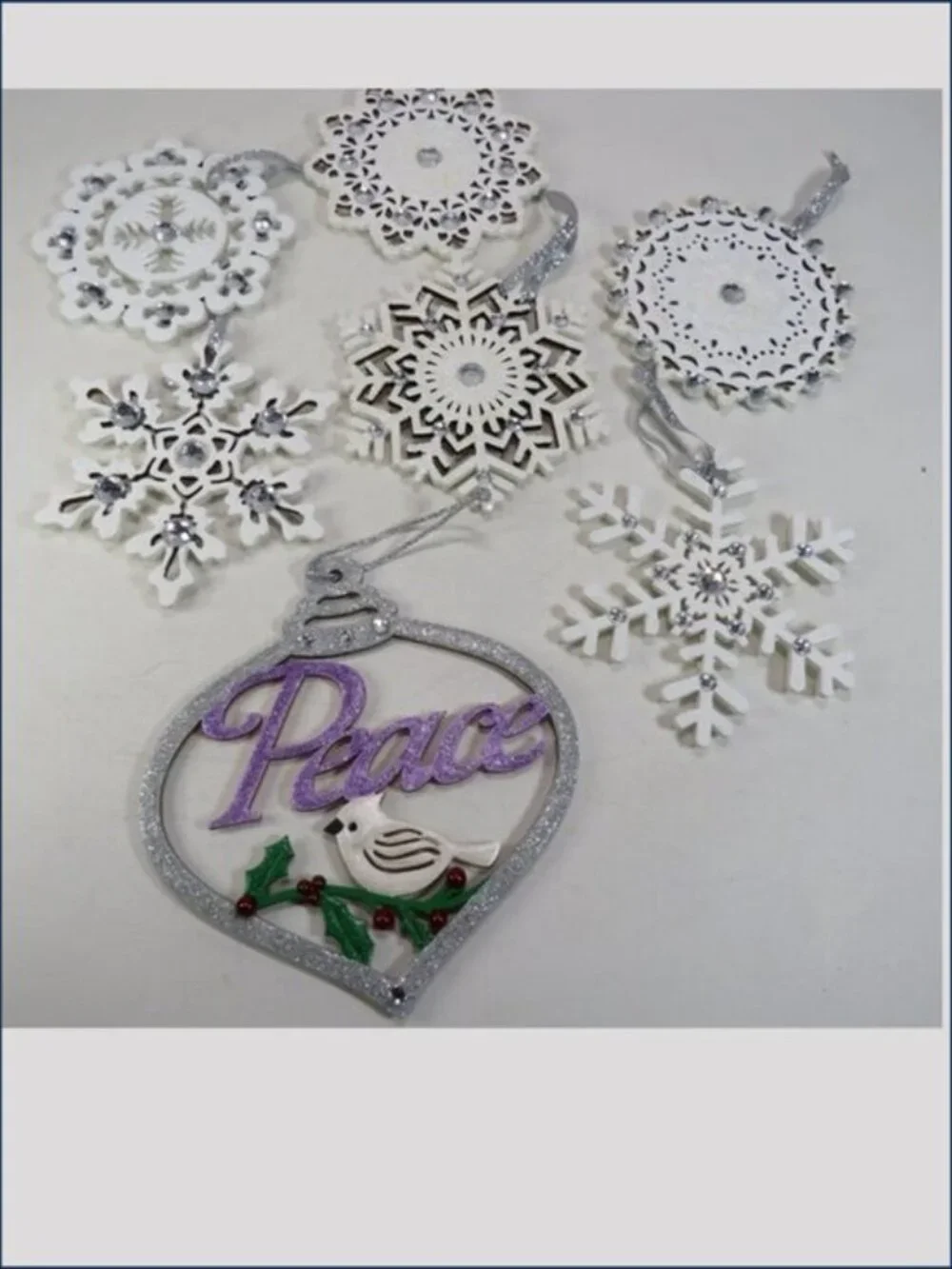 White Wood Snowflake (7) Ornaments Purple Peace Bird Christmas Holiday Decor